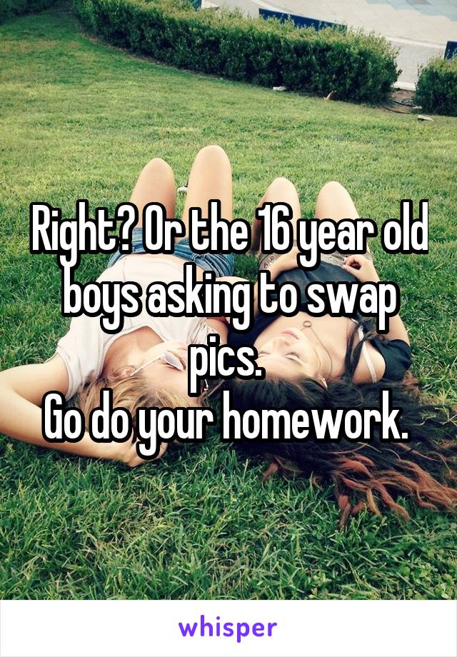 Right? Or the 16 year old boys asking to swap pics. 
Go do your homework. 