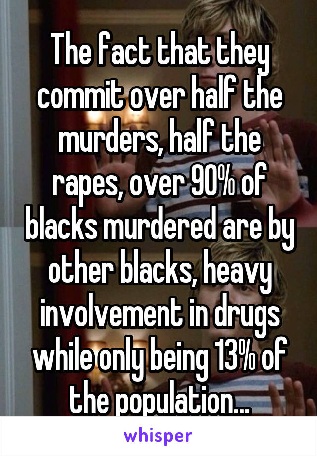The fact that they commit over half the murders, half the rapes, over 90% of blacks murdered are by other blacks, heavy involvement in drugs while only being 13% of the population...