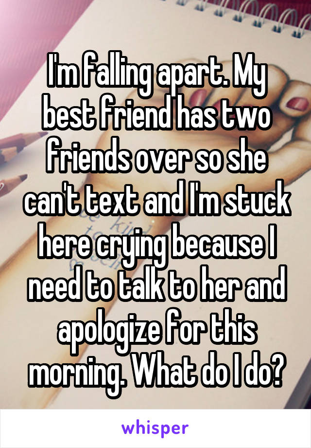 I'm falling apart. My best friend has two friends over so she can't text and I'm stuck here crying because I need to talk to her and apologize for this morning. What do I do?