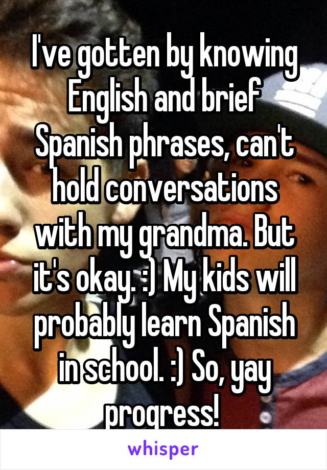 I've gotten by knowing English and brief Spanish phrases, can't hold conversations with my grandma. But it's okay. :) My kids will probably learn Spanish in school. :) So, yay progress! 