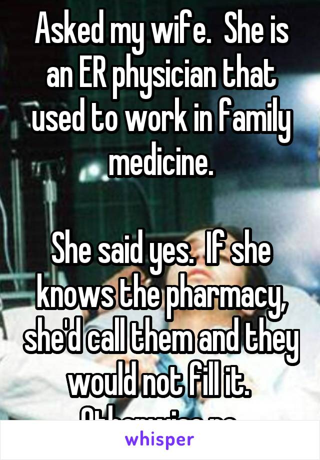 Asked my wife.  She is an ER physician that used to work in family medicine.

She said yes.  If she knows the pharmacy, she'd call them and they would not fill it.  Otherwise no.