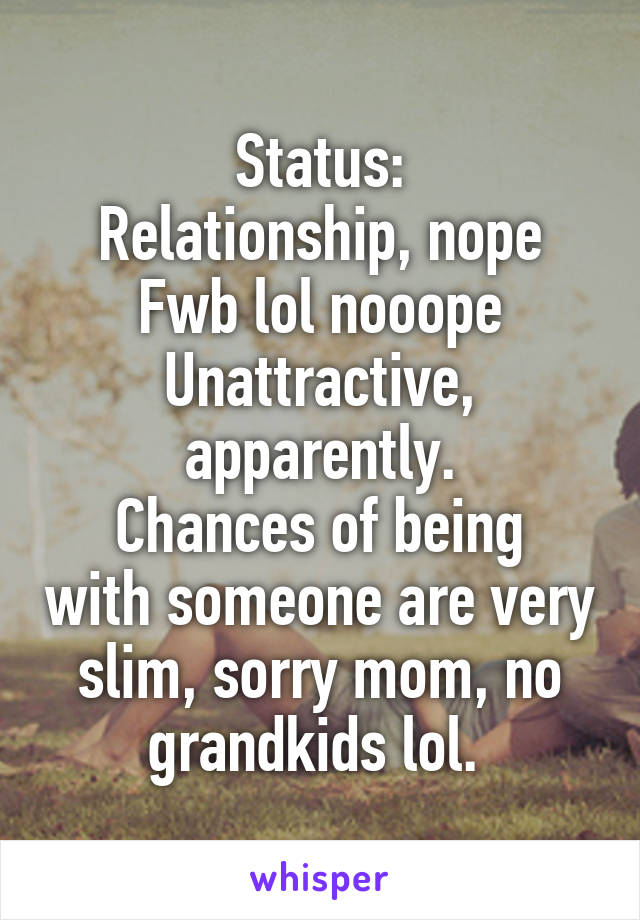 Status:
Relationship, nope
Fwb lol nooope
Unattractive, apparently.
Chances of being with someone are very slim, sorry mom, no grandkids lol. 