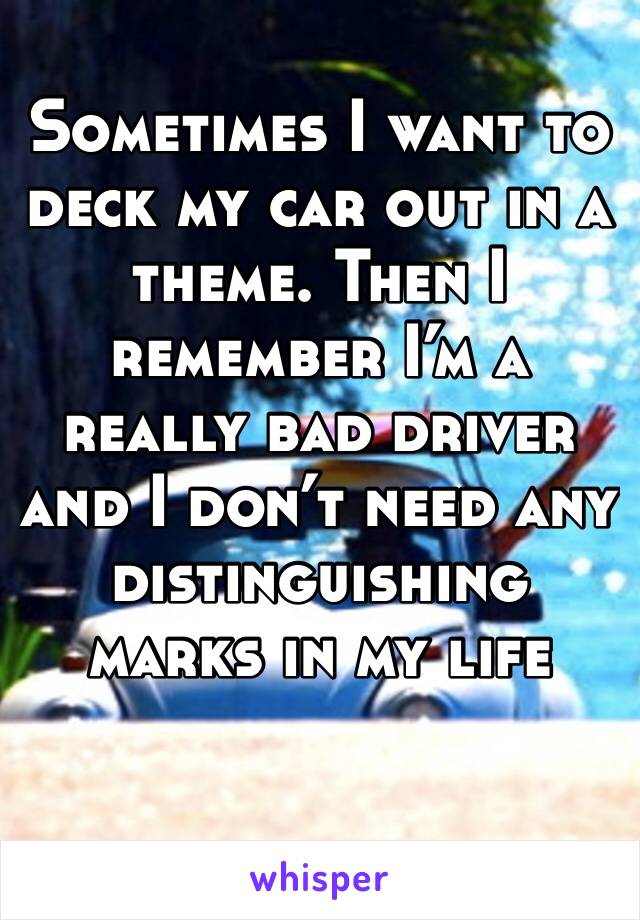 Sometimes I want to deck my car out in a theme. Then I remember I’m a really bad driver and I don’t need any distinguishing marks in my life 