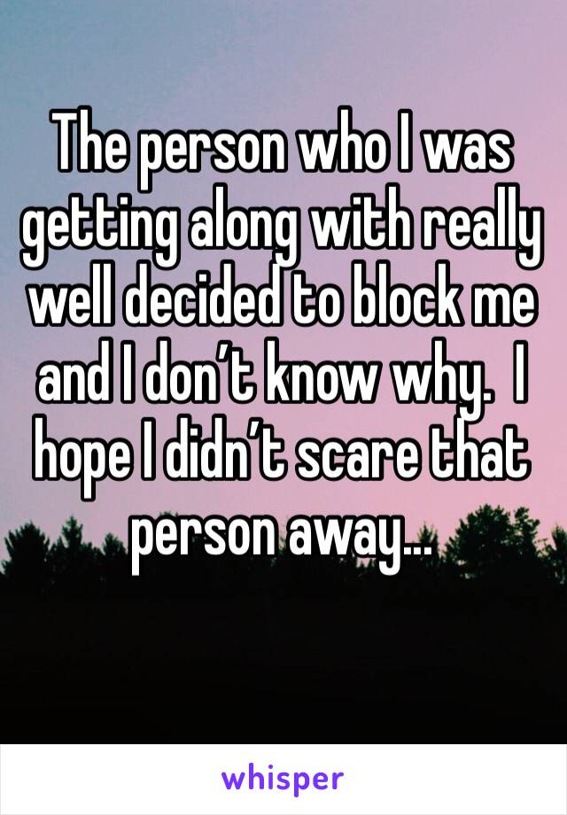 The person who I was getting along with really well decided to block me and I don’t know why.  I hope I didn’t scare that person away...