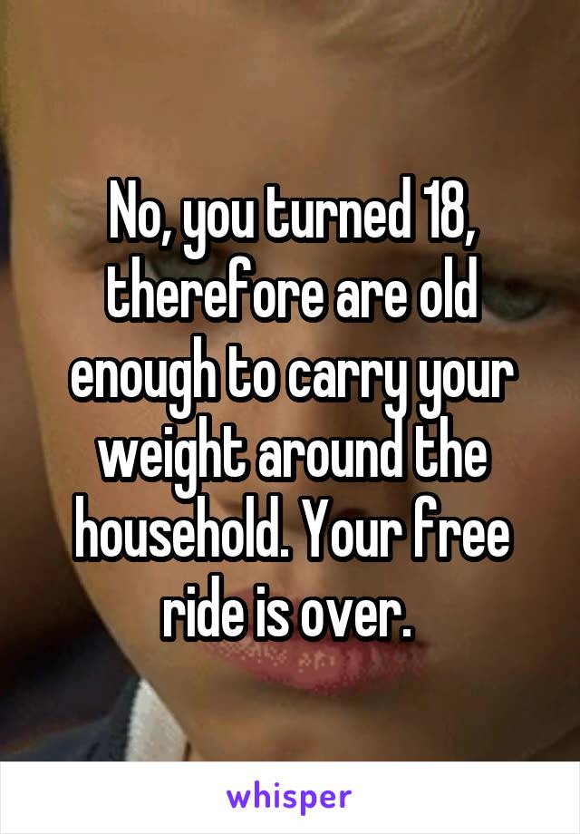 No, you turned 18, therefore are old enough to carry your weight around the household. Your free ride is over. 