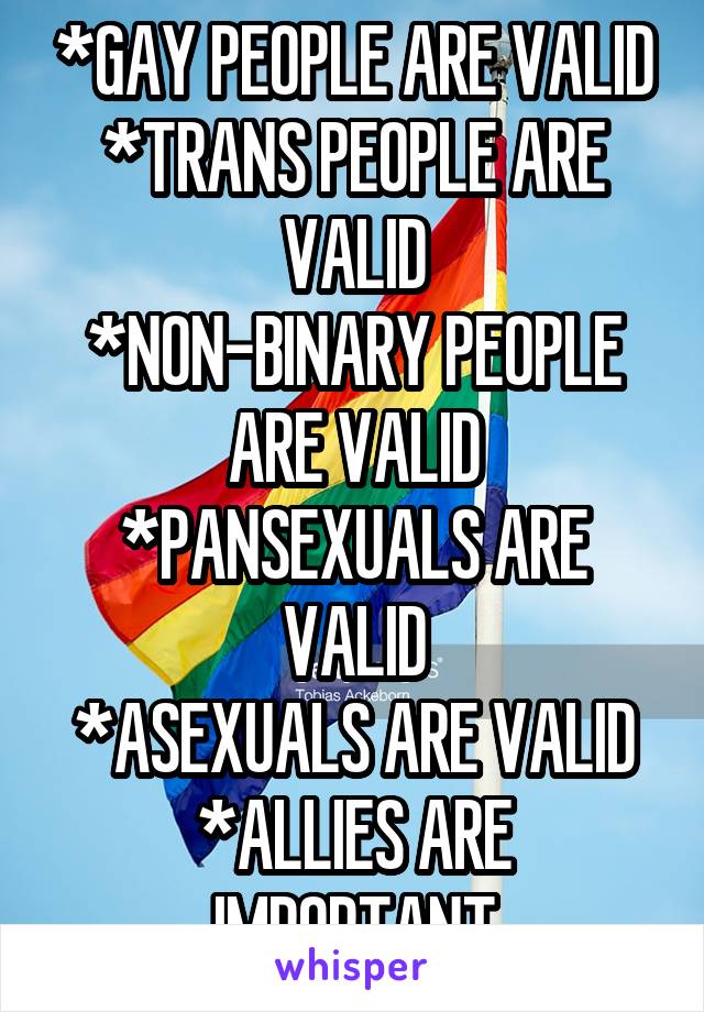 *GAY PEOPLE ARE VALID
*TRANS PEOPLE ARE VALID
*NON-BINARY PEOPLE ARE VALID
*PANSEXUALS ARE VALID
*ASEXUALS ARE VALID
*ALLIES ARE IMPORTANT