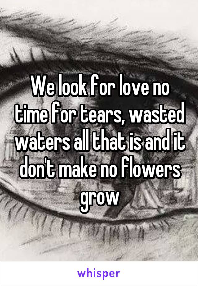 We look for love no time for tears, wasted waters all that is and it don't make no flowers grow