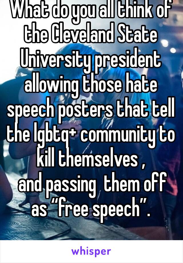 What do you all think of the Cleveland State University president allowing those hate speech posters that tell the lgbtq+ community to kill themselves , 
 and passing  them off as “free speech”.