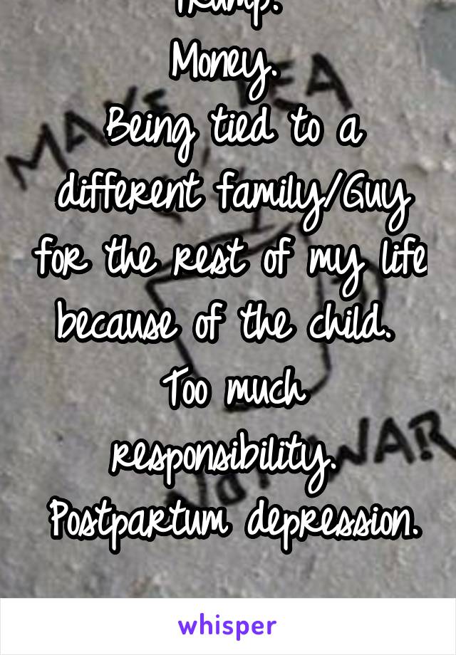 WW3. 
Trump. 
Money. 
Being tied to a different family/Guy for the rest of my life because of the child. 
Too much responsibility. 
Postpartum depression. 
Yeah....no. No kids for me.