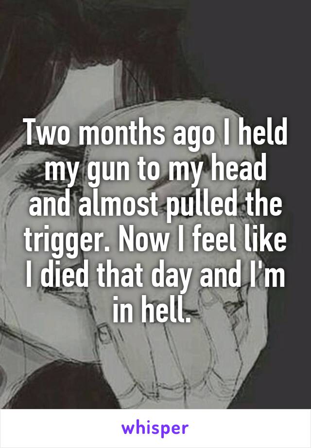 Two months ago I held my gun to my head and almost pulled the trigger. Now I feel like I died that day and I'm in hell. 