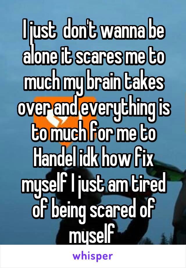I just  don't wanna be alone it scares me to much my brain takes over and everything is to much for me to Handel idk how fix myself I just am tired of being scared of myself 