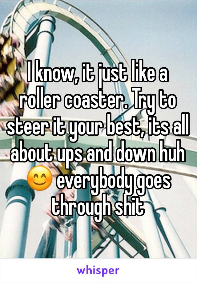 I know, it just like a roller coaster. Try to steer it your best, its all about ups and down huh
😊 everybody goes through shit