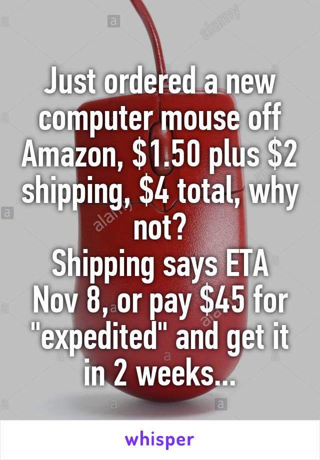 Just ordered a new computer mouse off Amazon, $1.50 plus $2 shipping, $4 total, why not?
Shipping says ETA Nov 8, or pay $45 for "expedited" and get it in 2 weeks...