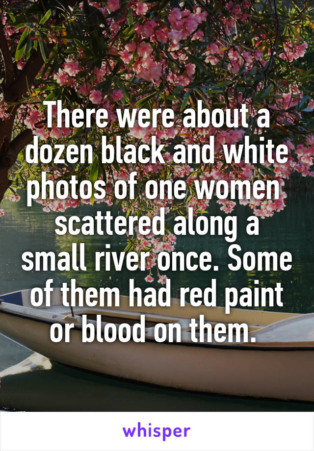 There were about a dozen black and white photos of one women  scattered along a small river once. Some of them had red paint or blood on them. 