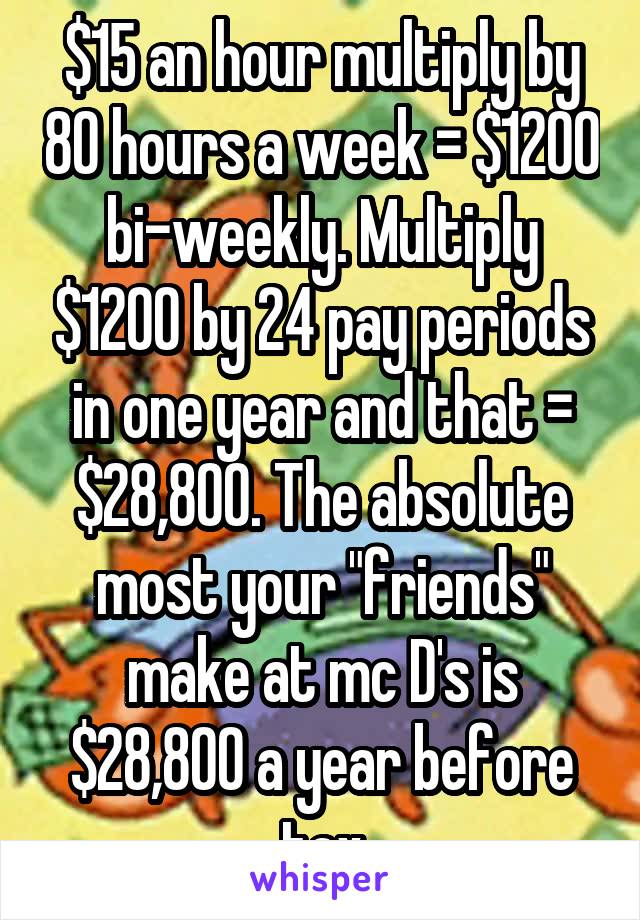 $15 an hour multiply by 80 hours a week = $1200 bi-weekly. Multiply $1200 by 24 pay periods in one year and that = $28,800. The absolute most your "friends" make at mc D's is $28,800 a year before tax