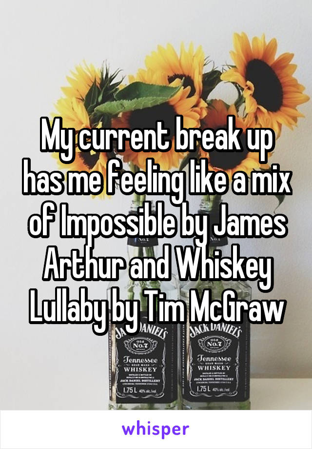 My current break up has me feeling like a mix of Impossible by James Arthur and Whiskey Lullaby by Tim McGraw
