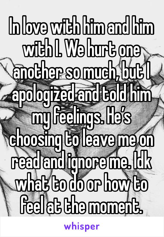 In love with him and him with I. We hurt one another so much, but I apologized and told him my feelings. He’s choosing to leave me on read and ignore me. Idk what to do or how to feel at the moment. 
