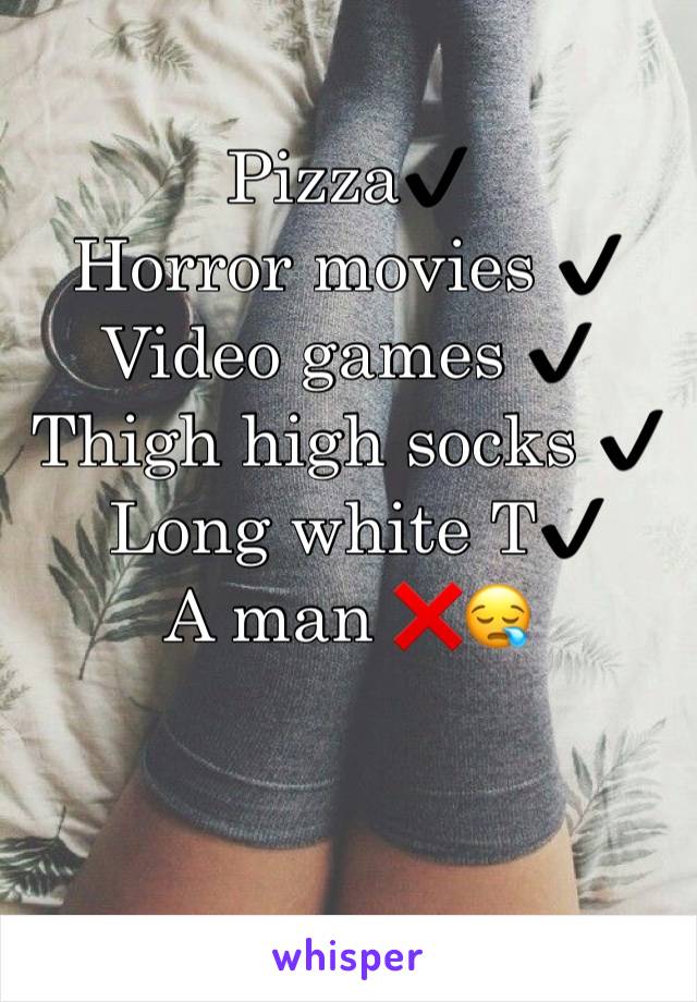 Pizza✔️
Horror movies ✔️
Video games ✔️
Thigh high socks ✔️
 Long white T✔️
A man ❌😪