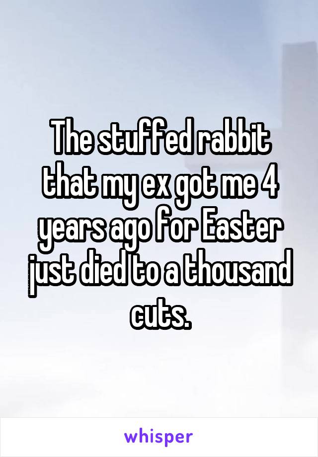 The stuffed rabbit that my ex got me 4 years ago for Easter just died to a thousand cuts.
