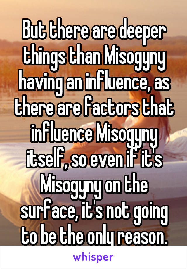 But there are deeper things than Misogyny having an influence, as there are factors that influence Misogyny itself, so even if it's Misogyny on the surface, it's not going to be the only reason.