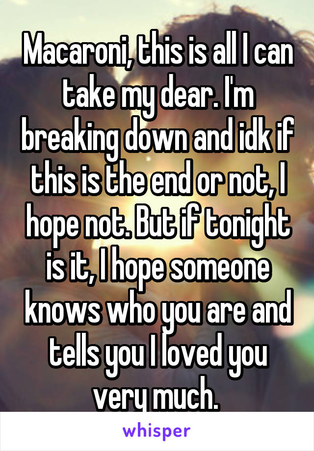 Macaroni, this is all I can take my dear. I'm breaking down and idk if this is the end or not, I hope not. But if tonight is it, I hope someone knows who you are and tells you I loved you very much. 