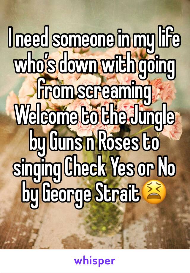 I need someone in my life who’s down with going from screaming Welcome to the Jungle by Guns n Roses to singing Check Yes or No by George Strait😫