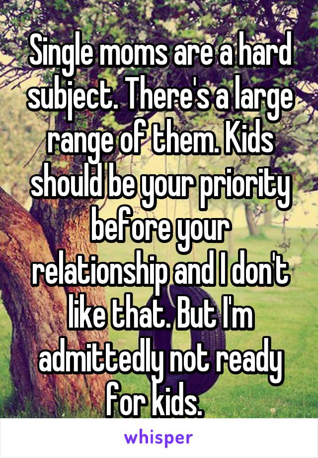 Single moms are a hard subject. There's a large range of them. Kids should be your priority before your relationship and I don't like that. But I'm admittedly not ready for kids.  