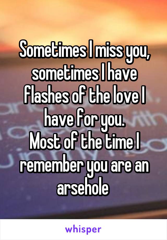 Sometimes I miss you, sometimes I have flashes of the love I have for you.
Most of the time I remember you are an arsehole 