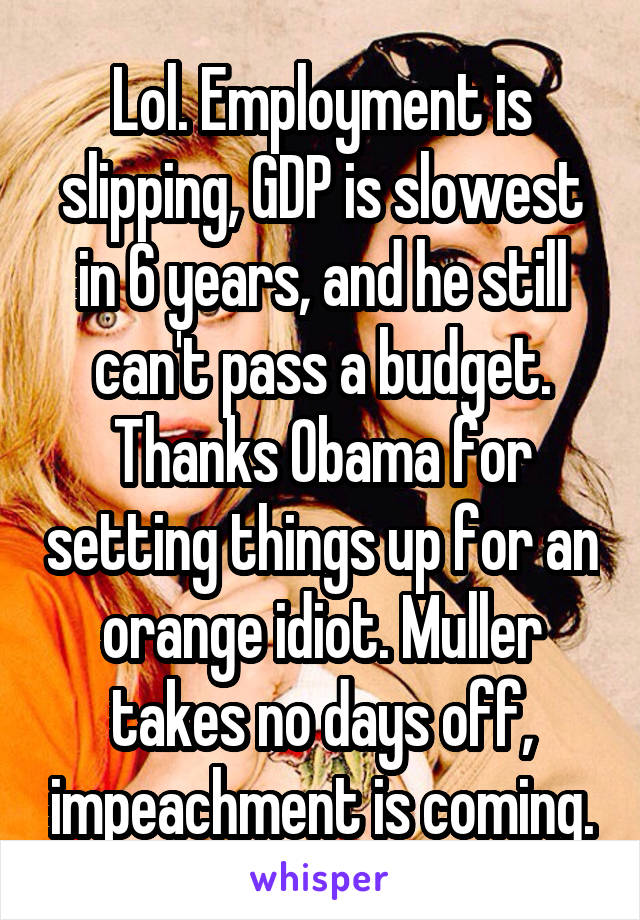 Lol. Employment is slipping, GDP is slowest in 6 years, and he still can't pass a budget. Thanks Obama for setting things up for an orange idiot. Muller takes no days off, impeachment is coming.
