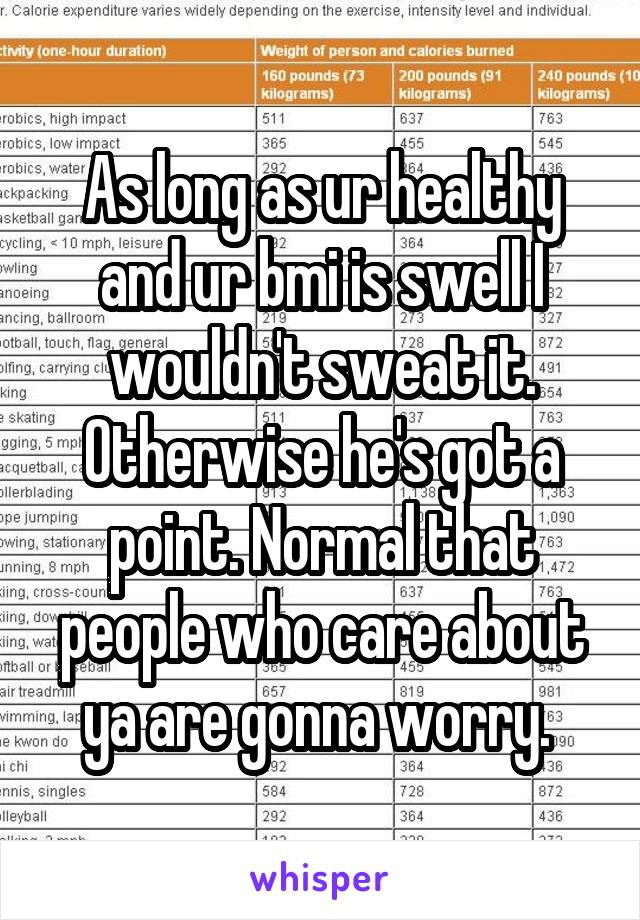 As long as ur healthy and ur bmi is swell I wouldn't sweat it. Otherwise he's got a point. Normal that people who care about ya are gonna worry. 