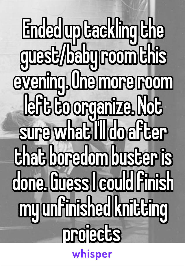 Ended up tackling the guest/baby room this evening. One more room left to organize. Not sure what I'll do after that boredom buster is done. Guess I could finish my unfinished knitting projects 