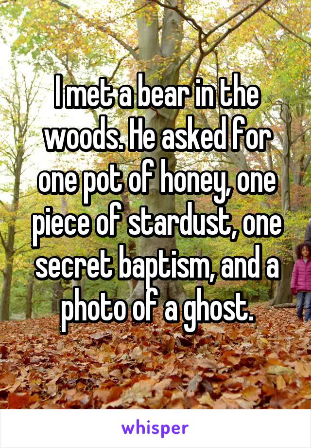 I met a bear in the woods. He asked for one pot of honey, one piece of stardust, one secret baptism, and a photo of a ghost.
