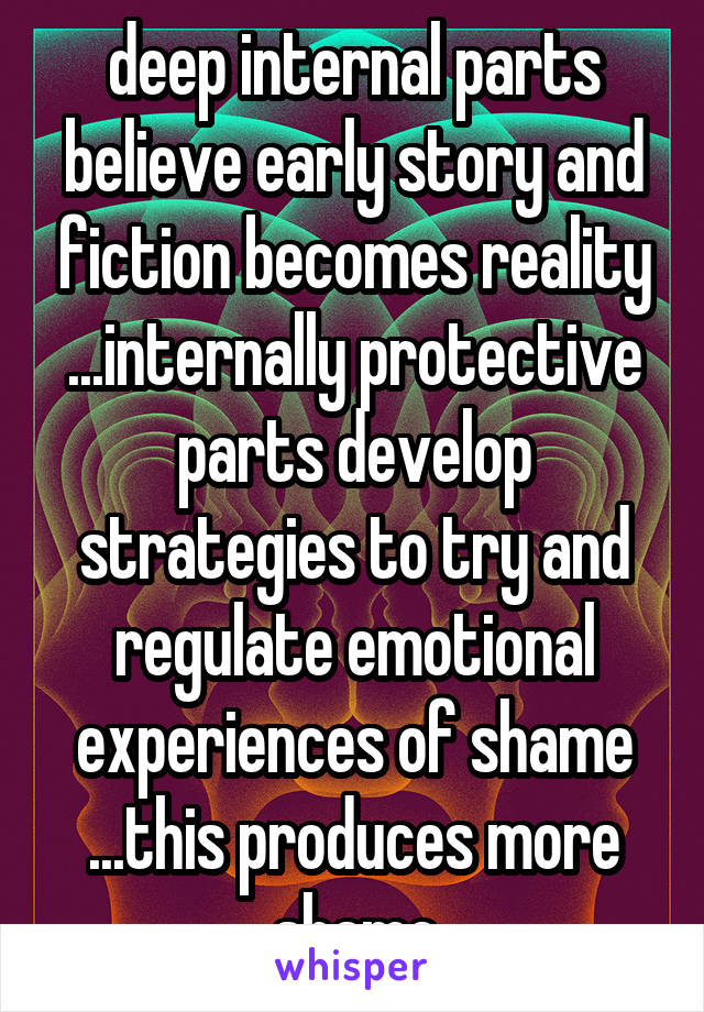 deep internal parts believe early story and fiction becomes reality
...internally protective parts develop strategies to try and regulate emotional experiences of shame
...this produces more shame