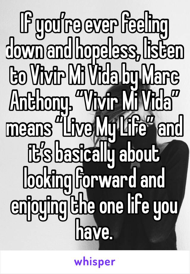 If you’re ever feeling down and hopeless, listen to Vivir Mi Vida by Marc Anthony. “Vivir Mi Vida” means “Live My Life” and it’s basically about looking forward and enjoying the one life you have.