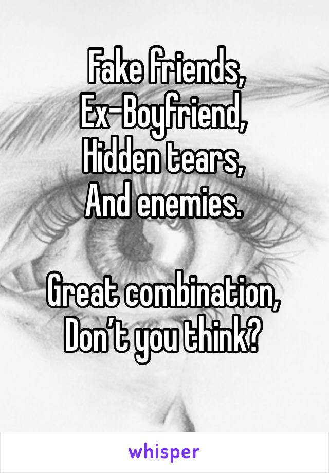  Fake friends,
Ex-Boyfriend,
Hidden tears,
And enemies.

Great combination,
Don’t you think?