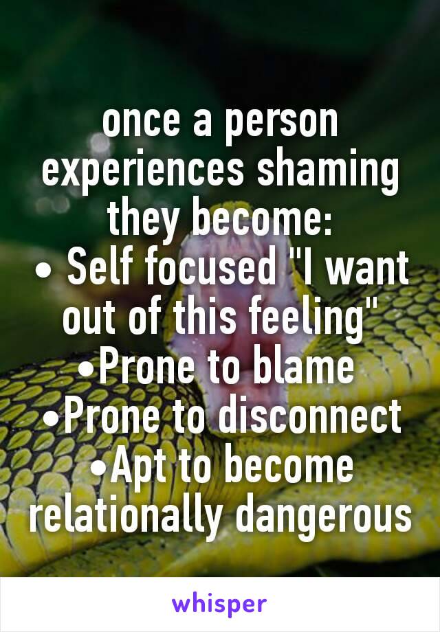 once a person experiences shaming they become:
• Self focused "I want out of this feeling"
•Prone to blame 
•Prone to disconnect
•Apt to become relationally dangerous