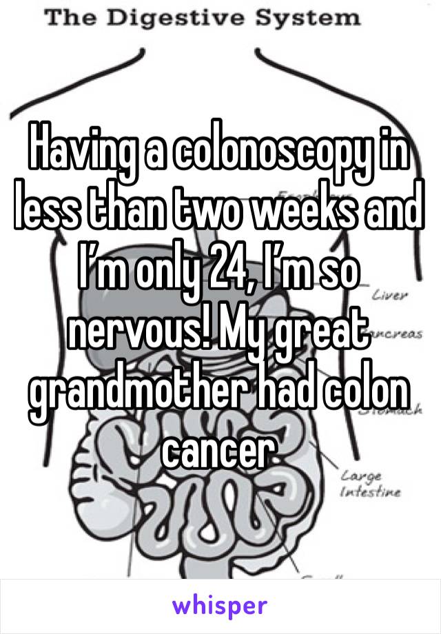 Having a colonoscopy in less than two weeks and I’m only 24, I’m so nervous! My great grandmother had colon cancer 