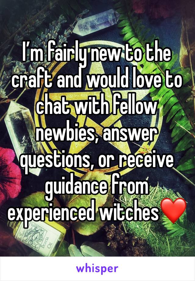 I’m fairly new to the craft and would love to chat with fellow newbies, answer questions, or receive guidance from experienced witches❤️