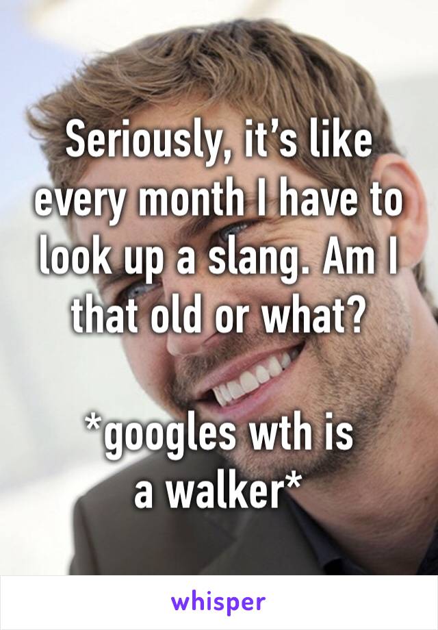 Seriously, it’s like every month I have to look up a slang. Am I that old or what?

*googles wth is a walker*