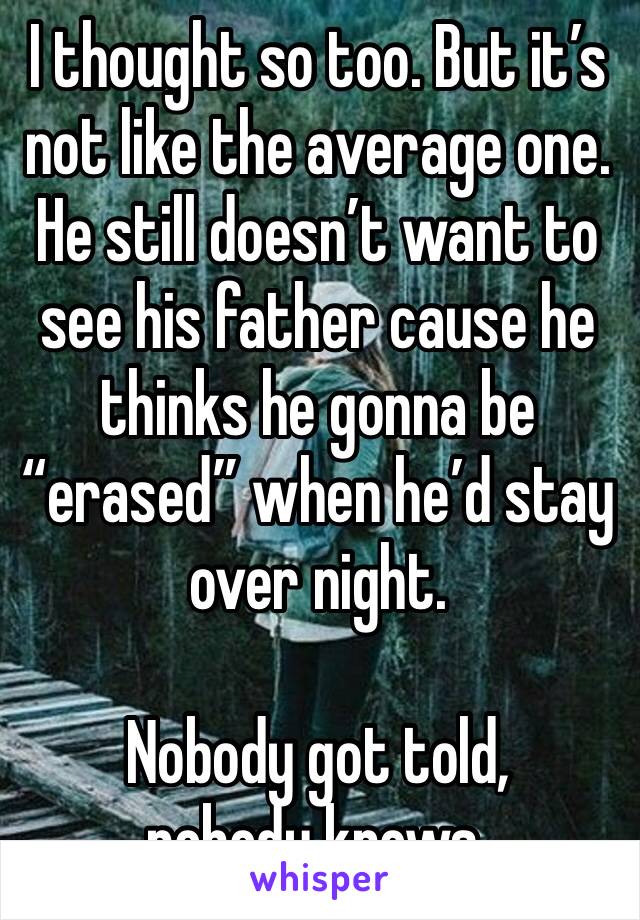 I thought so too. But it’s not like the average one. He still doesn’t want to see his father cause he thinks he gonna be “erased” when he’d stay over night. 

Nobody got told, nobody knows. 