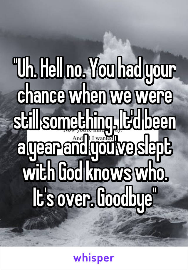 "Uh. Hell no. You had your chance when we were still something. It'd been a year and you've slept with God knows who. It's over. Goodbye"