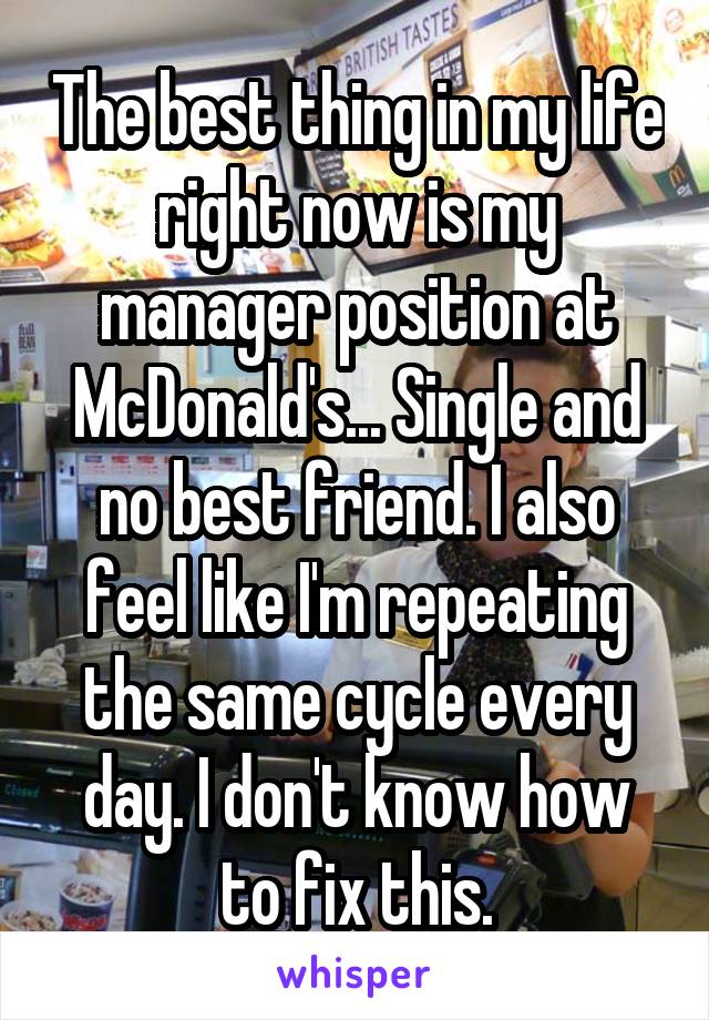 The best thing in my life right now is my manager position at McDonald's... Single and no best friend. I also feel like I'm repeating the same cycle every day. I don't know how to fix this.