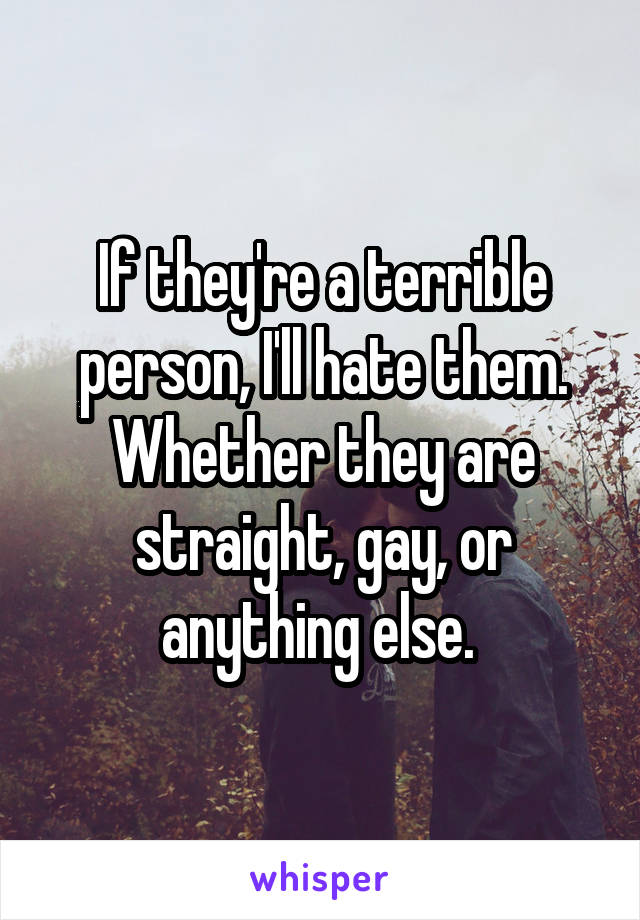If they're a terrible person, I'll hate them. Whether they are straight, gay, or anything else. 