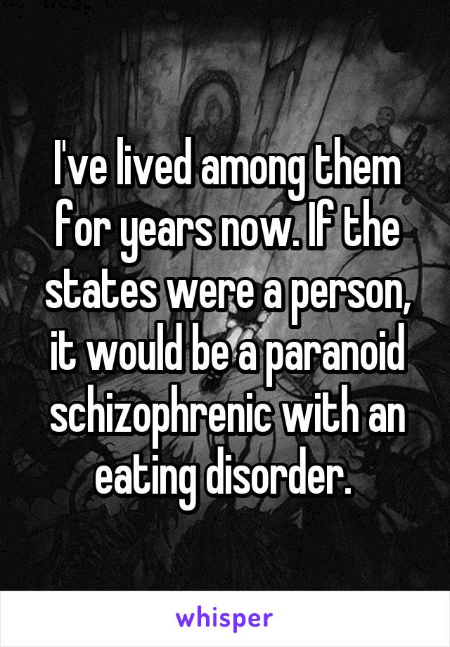 I've lived among them for years now. If the states were a person, it would be a paranoid schizophrenic with an eating disorder. 