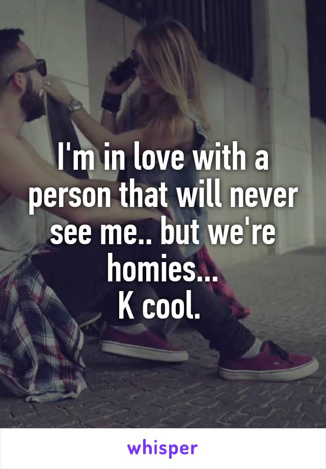 I'm in love with a person that will never see me.. but we're homies...
K cool. 