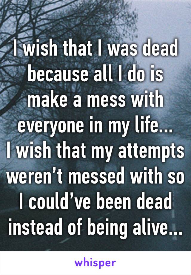 I wish that I was dead because all I do is make a mess with everyone in my life...
I wish that my attempts weren’t messed with so I could’ve been dead instead of being alive...