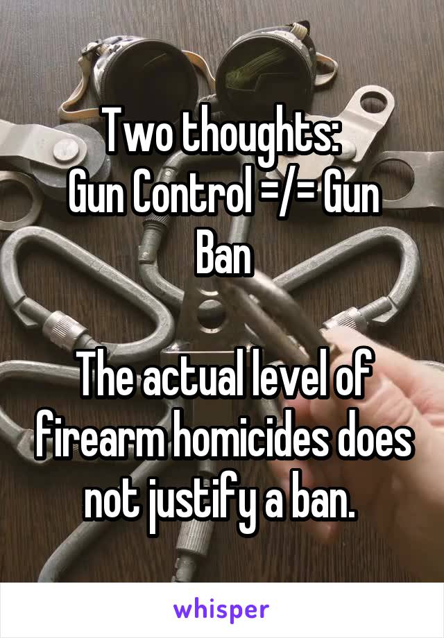 Two thoughts: 
Gun Control =/= Gun Ban

The actual level of firearm homicides does not justify a ban. 
