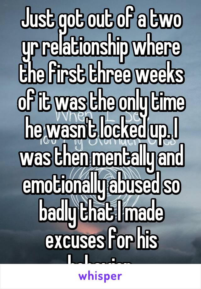 Just got out of a two yr relationship where the first three weeks of it was the only time he wasn't locked up. I was then mentally and emotionally abused so badly that I made excuses for his behavior.
