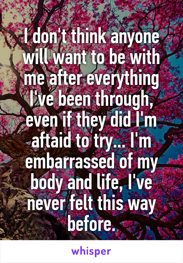 I don't think anyone will want to be with me after everything I've been through, even if they did I'm aftaid to try... I'm embarrassed of my body and life, I've never felt this way before.