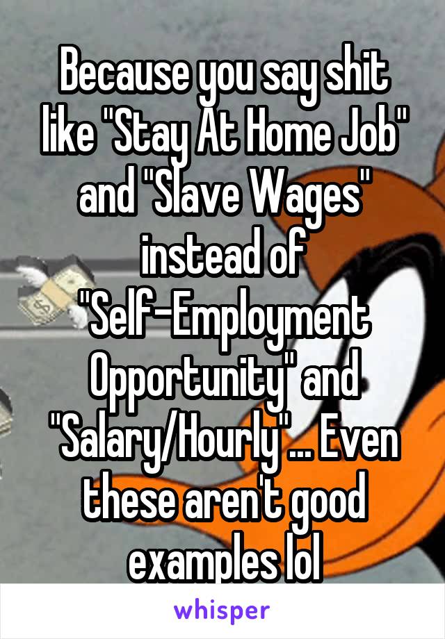 Because you say shit like "Stay At Home Job" and "Slave Wages" instead of "Self-Employment Opportunity" and "Salary/Hourly"... Even these aren't good examples lol